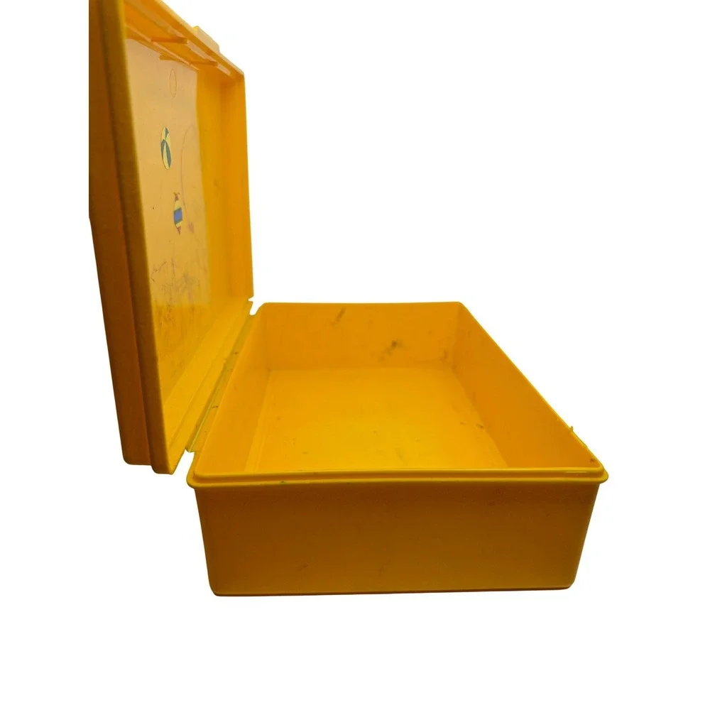 1980s Sterling Plastics Yellow School Utility Box 268 Hot‎ Dog Label 1981 USA